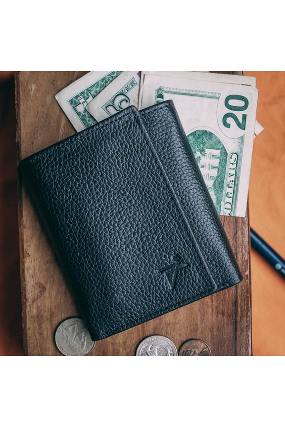 RFID Trifold Wallet for Men Black Real Leather Wallet Thumb Window ID with Key Holder inside