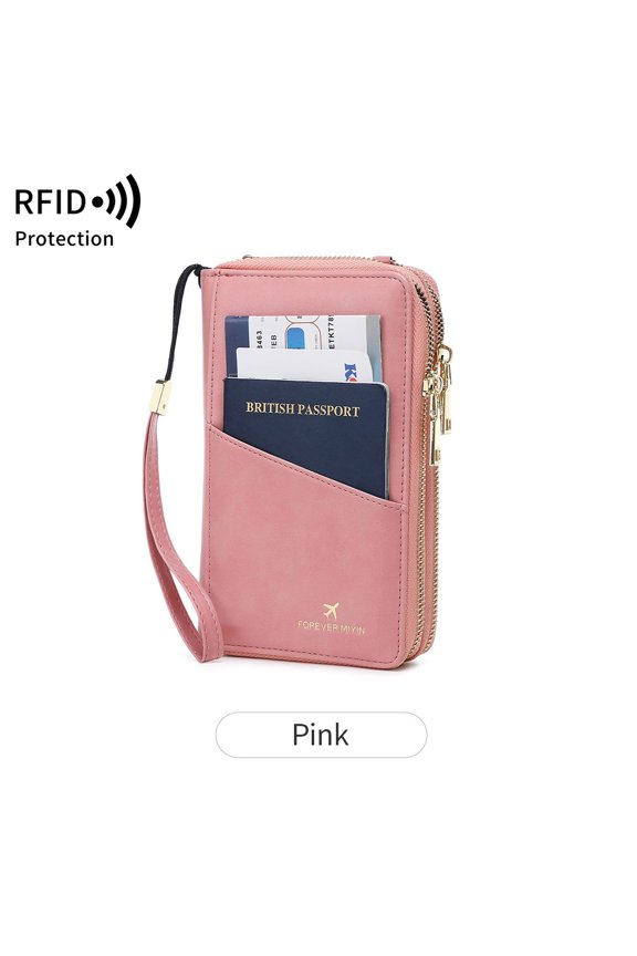 RFID multifunctional travel double-zipper passport bag, ticket storage document bag, crossbody long wallet for women