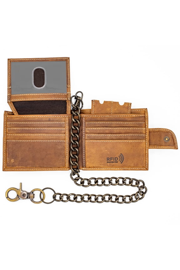 RFID safe Leather Bi-fold Chain Wallet for Men 18' Inch Stainless Biker Chain Rustic Brown Flip up Thumb ID Loop Closer
