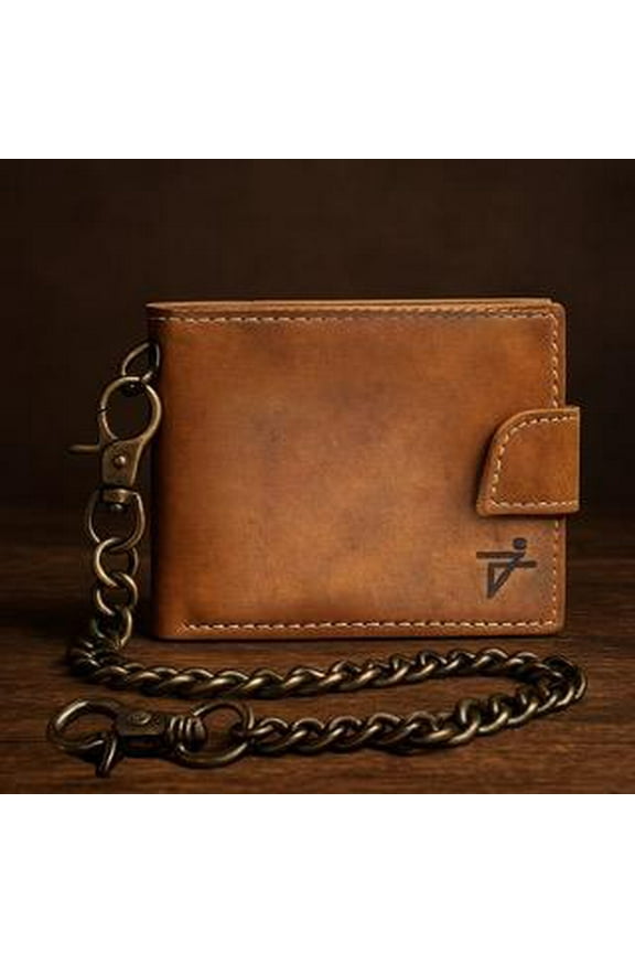 RFID safe Leather Bi-fold Chain Wallet for Men 18' Inch Stainless Biker Chain Rustic Brown Flip up Thumb ID Loop Closer