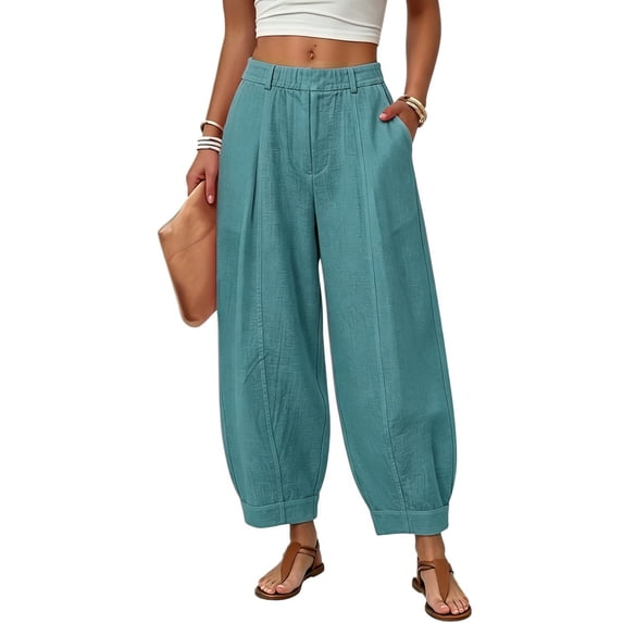 RFINGUQIP Pants For Women Casual Pants For Women Linen Barrel Cotton High Waisted Balloon Summer Wide Leg Baggy Trousers Casual