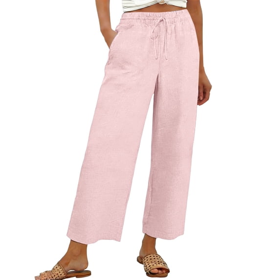 RFINGUQIP Pants For Women Casual Pants For Women Linen Wide Leg Loose High Waist Haren Pockets Casual