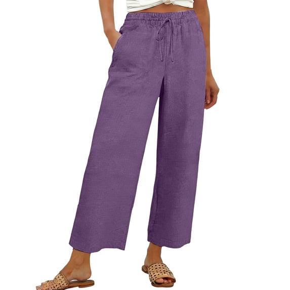 RFINGUQIP Pants For Women Casual Pants For Women Linen Wide Leg Loose High Waist Haren Pockets Casual