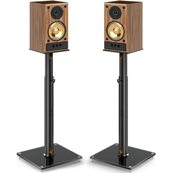 RTVR Pair of Speaker Stands Height Adjustable 32.7-43.3 Inch, 360° Rotation Top Plate with 2 Styles Feet & Cable Management