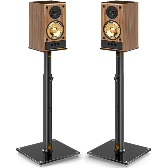 RTVR Pair of Speaker Stands Height Adjustable 32.7-43.3 Inch, 360° Rotation Top Plate with 2 Styles Feet & Cable Management