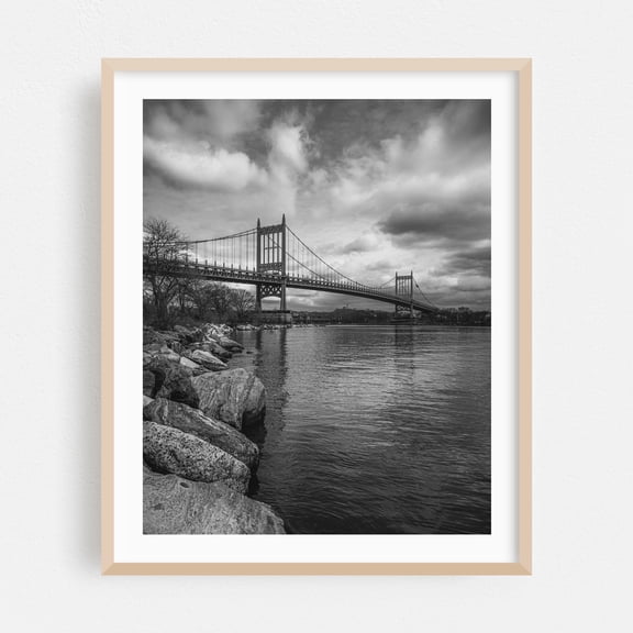 RFK Bridge B&W - The Bronx New York Photography Black and White Bridge Landscape Architecture Skyline Scenic Oak Framed Wall Art Print 9 x 12 inches