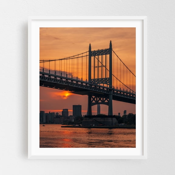 RFK Bridge at Sunset, Astoria - Queens New York Photography Bridge Sunset Cityscape Architecture Skyline Scenic White Framed Wall Art Print 6 x 8 inches