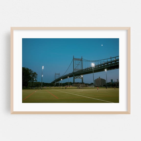 RFK from Randall's Island Park, New York - New York Photography Bridge Cityscape Night Sky Architecture Scenic Moon Oak Framed Wall Art Print 20 x 30 inches