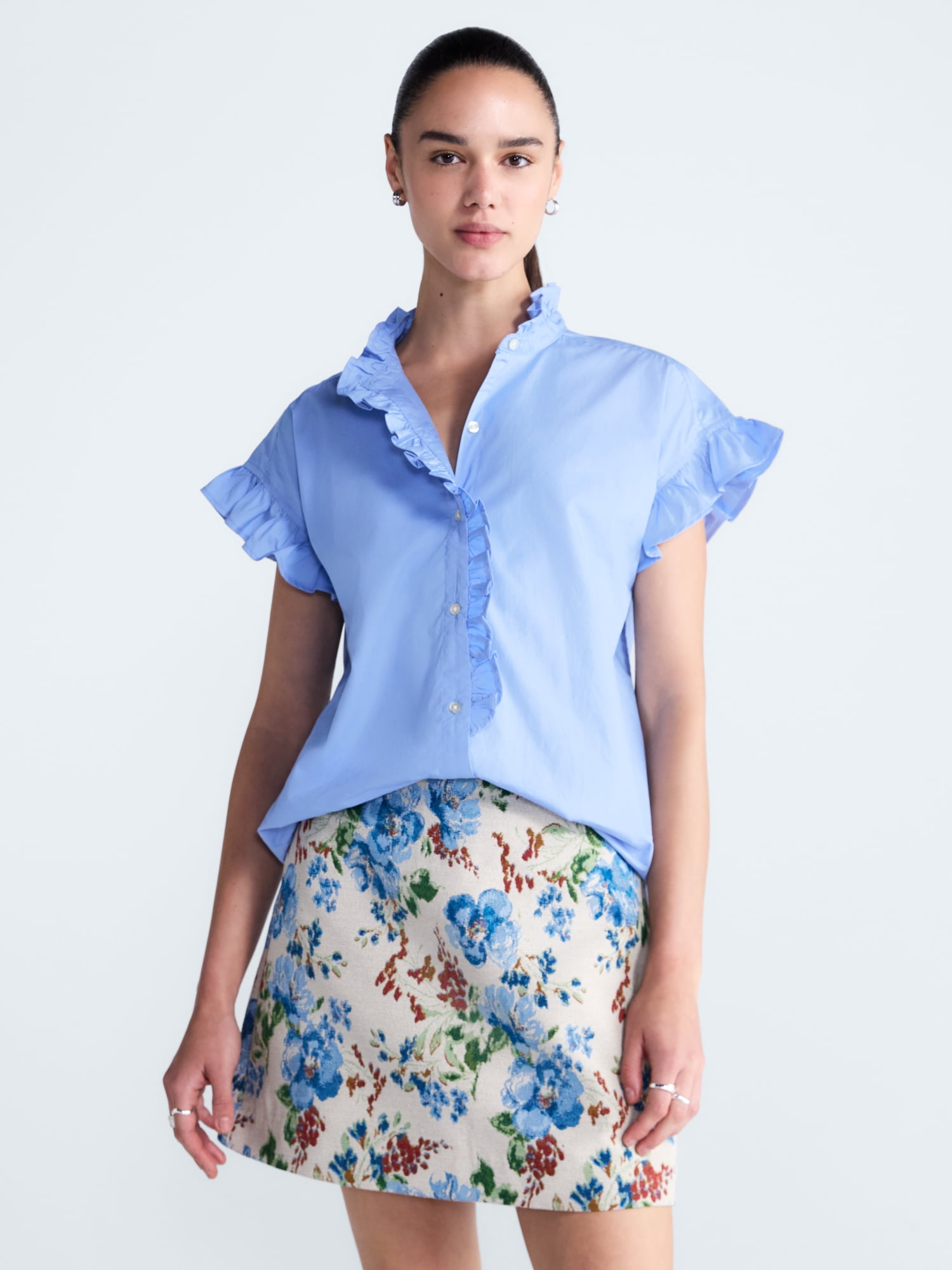 Free Assembly Women's and Women's Plus Ruffle Trim Neck Top with Short Sleeves, Sizes XS-4X