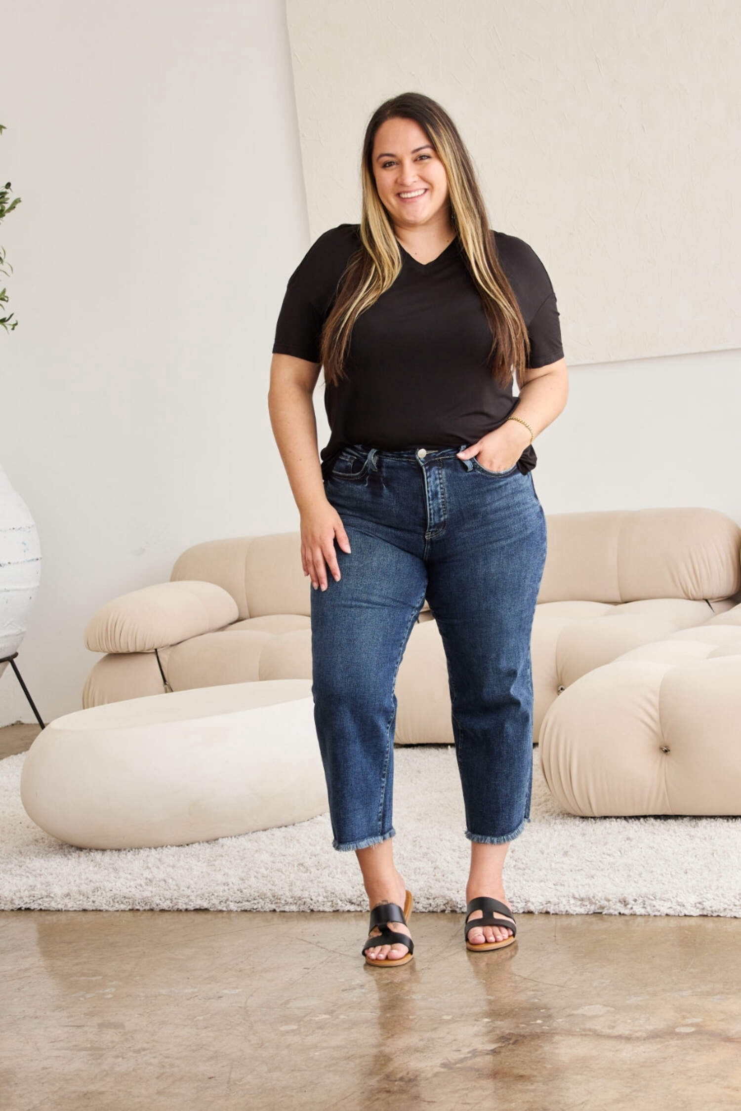 RFM  Tummy Control High Waist Raw Hem Distressed Jeans