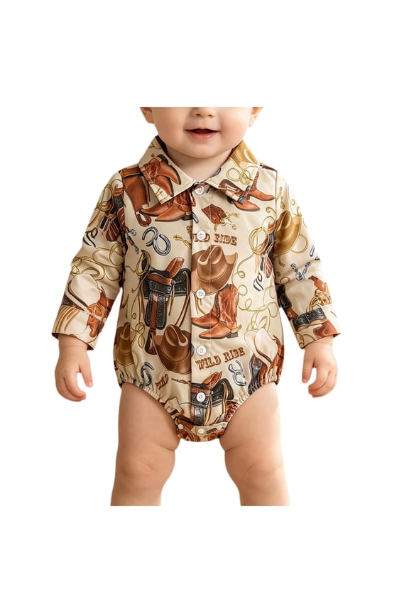 Baby Boy Long Sleeve Bodysuit Western Cowboy Plaid Snap Button Shirt Style Newborn Fall Daily Wear One Piece 0-3 Months