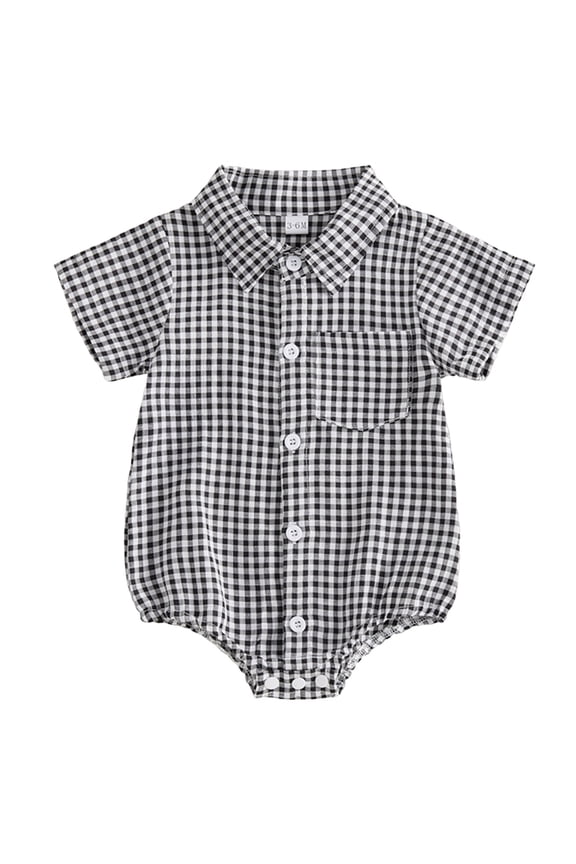 Baby Boy Short Sleeve Bodysuit Lapel Collar Plaid Print Open Crotch Newborn Summer Snap Closure Casual Daily Wear One Piece 0-3 Months