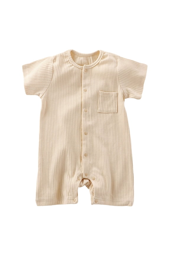 Baby Boy Short Sleeve Bodysuit Solid Color High Stretch Button Front Breathable Summer Newborn Snap Button Daily Wear One Piece 0-3 Months