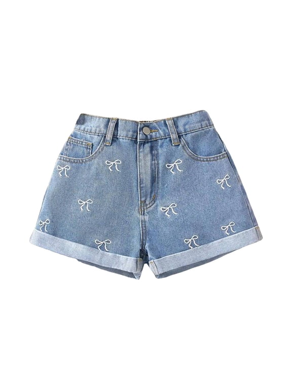 Big Girls Ripped Denim Shorts High Waisted Stretchy Summer Jean Shorts with Print Design for Casual Daily Wear Size 12 Years