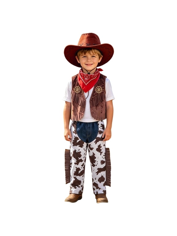 Boys Western Cowboy Costume Set Vest and Pants for Stage Performance 10-12 Years