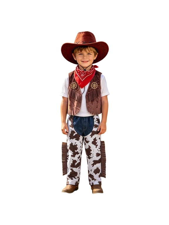 Boys Brown Cowboy Outfit Set with Vest Bandana & Hat Stage Performance Wear for Kids 3-4 Years