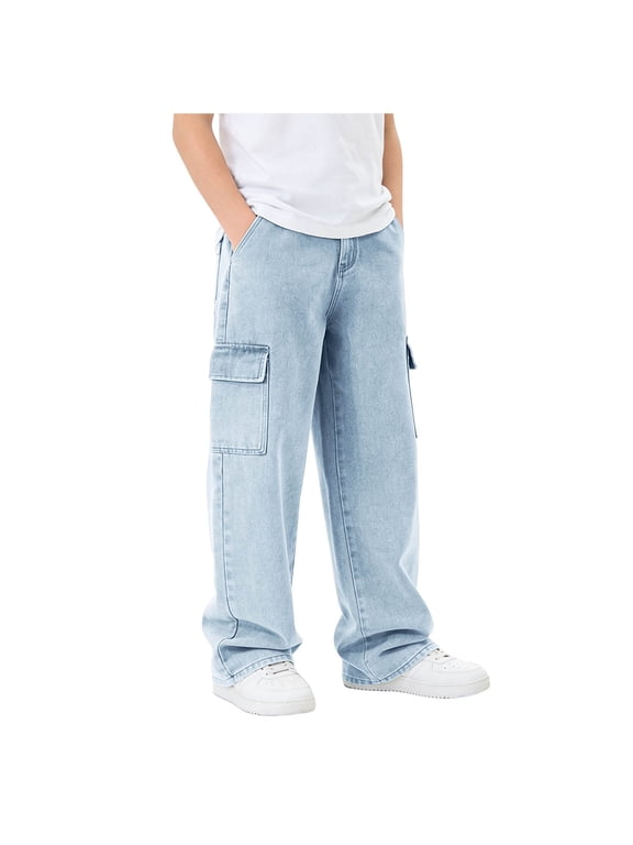 Boys Denim Work Pants Wide Leg Loose Fit Straight Jeans Cargo Style Casual Pants for Teen Boys Size 16