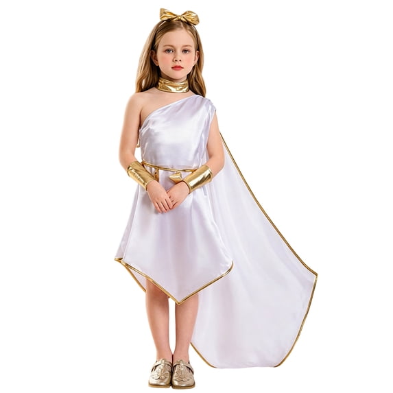 RFQWOVSR Girls Ancient Greek Style White Off Shoulder Dress Halloween Performance Outfit 4-6 Years