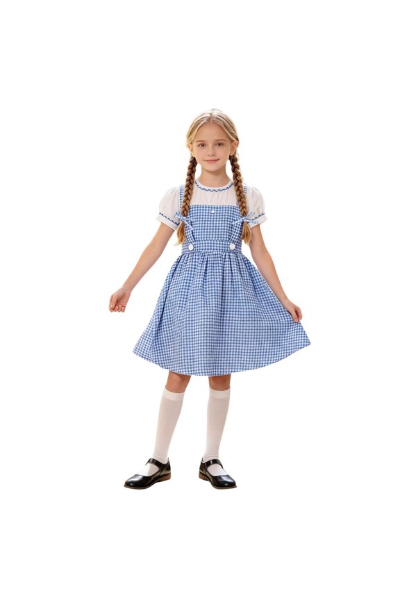 Girls Blue Plaid Vintage Dress Themed Party Performance Outfit 9-10 Years