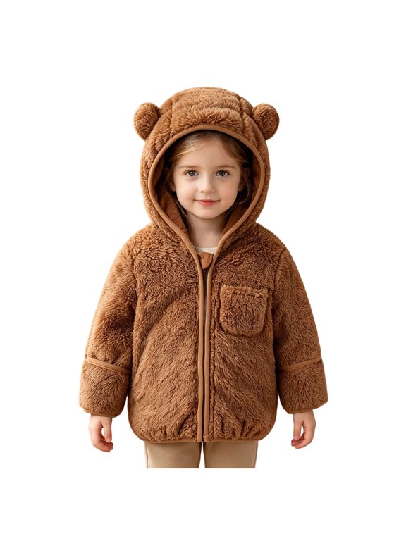 Girls' Hooded Plush Zip-Up Bear Jacket for Winter Warmth
