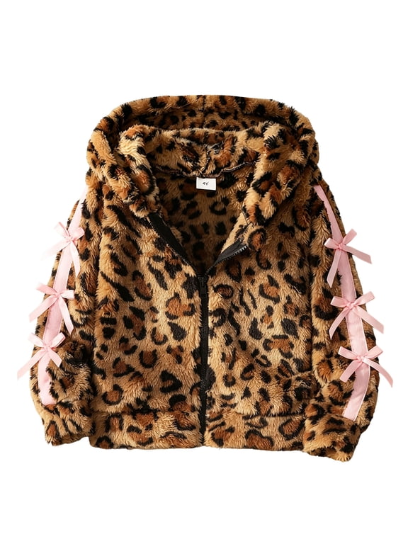 Girls Leopard Print Faux Fur Hooded Jacket with Bow Tie Zip Up Winter Coat