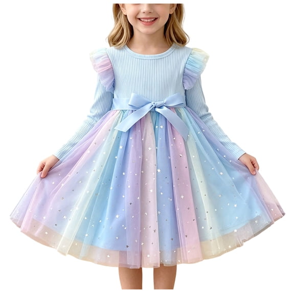 RFQWOVSR Girls Long Sleeve Gradient Mesh Princess Dress Fall Birthday Gown 5-6 Years