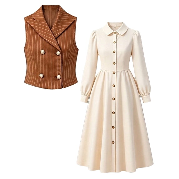 RFQWOVSR Girls Plaid Vest and Long Sleeve Midi Dress Two Piece Preppy Outfit Set for Parties