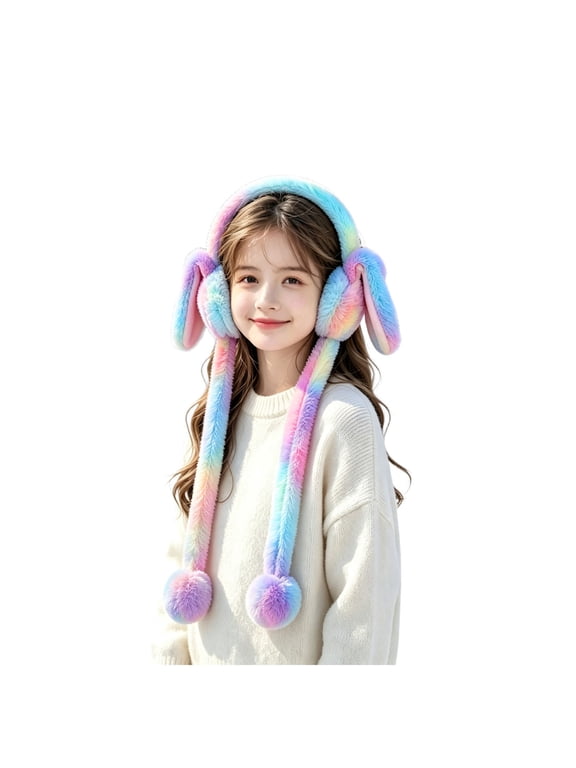 Girls Winter Plush Earmuffs Cute Rabbit Moving Ears Colorful Warm Ear Cover