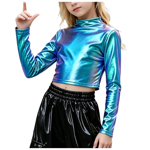 RFQWOVSR Kids Long Sleeve Mock Neck Leather Dance Top Retro Pullover