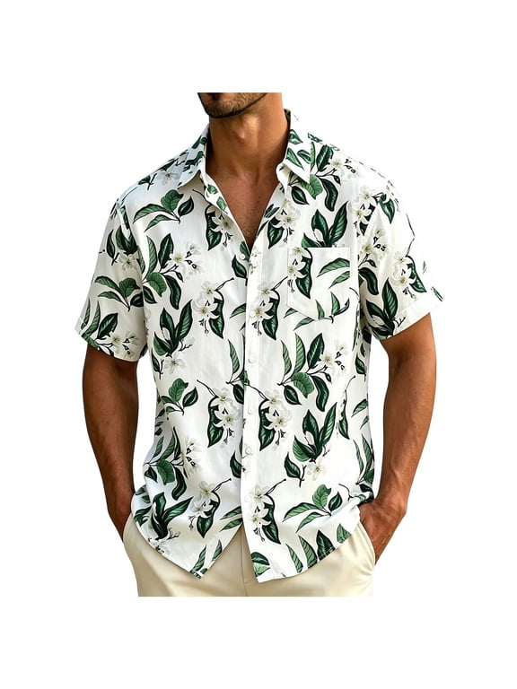 Men's Floral Print Short Sleeve Button Down Linen Shirts Casual Summer Beach Vacation Tops L