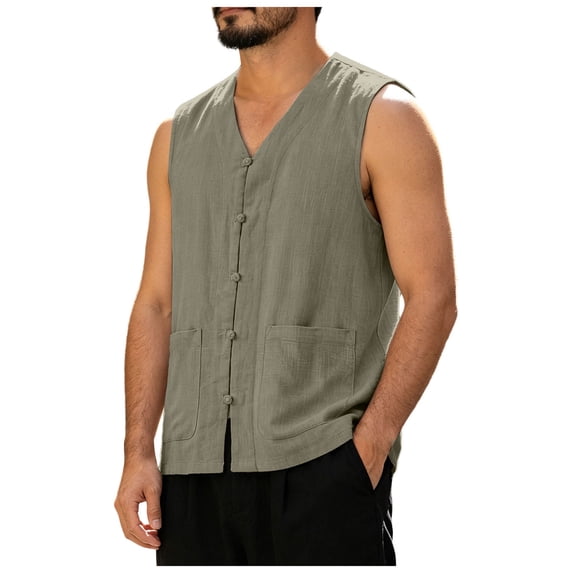 RFQWOVSR Mens Cotton Linen Summer Vest with Chinese Knot Buttons Loose Fit Retro L