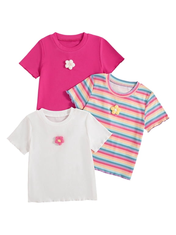 Toddler Girls 3 Pack Short Sleeve T Shirts Ribbed Knit Floral Top with Rainbow Stripe Casual Summer Tee Size 5 Years