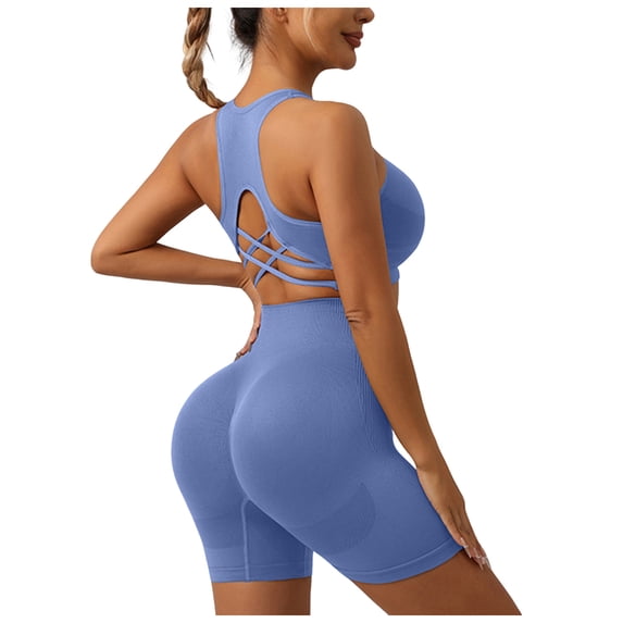 RFQWOVSR Women 2 Piece Cross Back Workout Set High Support Sports Bra with High Waist Peach Hip Shorts Yoga Outfit L
