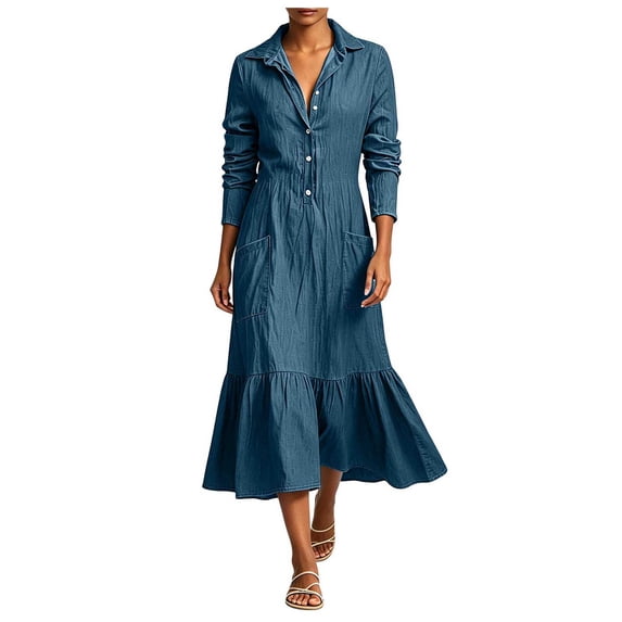 RFQWOVSR Women Button Down Long Sleeve Tiered Flowy Jean Dress Casual Vintage Style