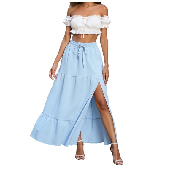RFQWOVSR Women Flowing A-Line Maxi Skirt Slit Tie Waist Solid Color Elastic Waistband Lightweight Boho Summer Beach Casual XXXL