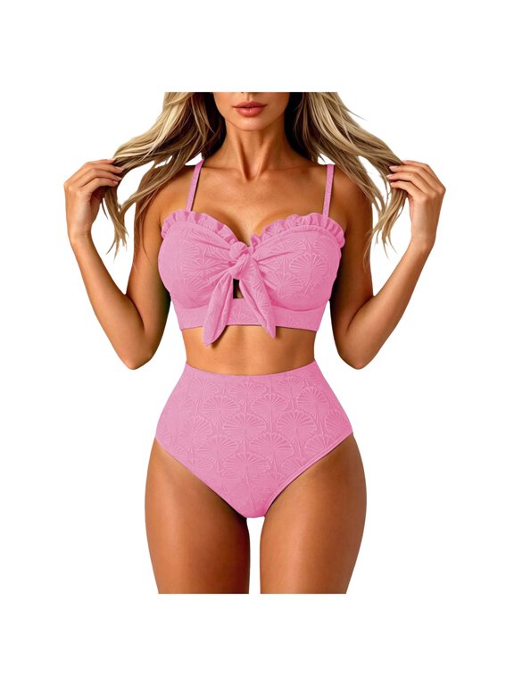 Women High Waist Bow Front Ruffle Bikini Set 2 Piece Seashell Textured Swimsuit Summer Beachwear XXL