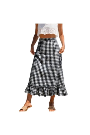 Women High Waist Plaid A-Line Maxi Skirt Ruffle Hem Flowy Lightweight Breathable Summer Beach Casual M