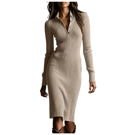 RFQWOVSR Women Solid Ribbed Long Sleeve Midi Dress Elegant Slim Fit Fall Winter