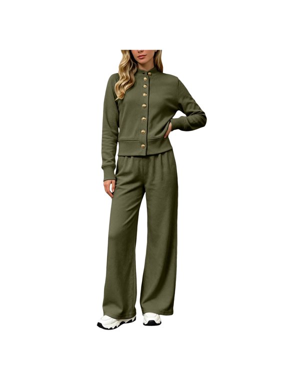 Women's 2-Piece Fall Set with High Neck Cardigan and Wide Leg Pants
