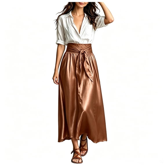 RFQWOVSR Women's Color Block V Neck Blouse Belted A Line Flowy Midi Skirt 2 Piece Set Boho Casual Summer Dress Outfit XXXL