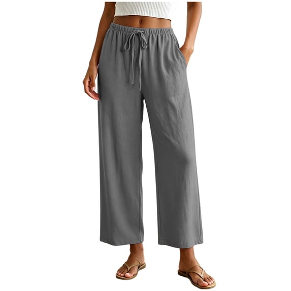RFQWOVSR Women's Elastic Waist Drawstring Wide Leg Linen Pants with Pockets Loose Fit Casual Summer Trousers M