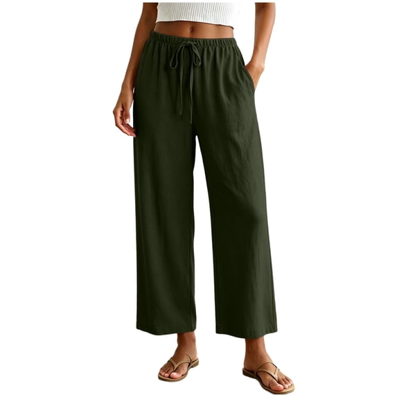 RFQWOVSR Women's Elastic Waist Drawstring Wide Leg Linen Pants with Pockets Loose Fit Casual Summer Trousers S