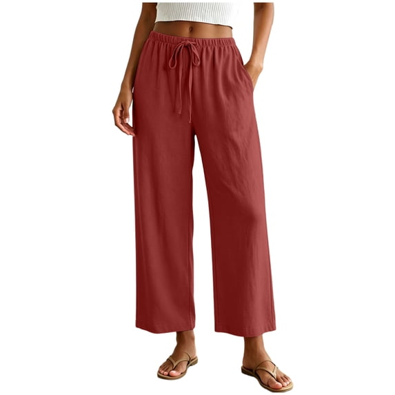RFQWOVSR Women's Elastic Waist Drawstring Wide Leg Linen Pants with Pockets Loose Fit Casual Summer Trousers S
