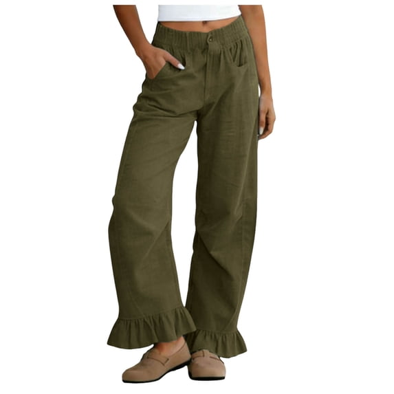RFQWOVSR Women's Elastic Waist Wide Leg Linen Pants with Ruffle Hem Pockets Loose Fit Casual Summer Trousers L