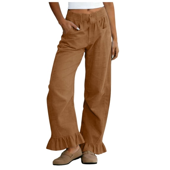 RFQWOVSR Women's Elastic Waist Wide Leg Linen Pants with Ruffle Hem Pockets Loose Fit Casual Summer Trousers XL