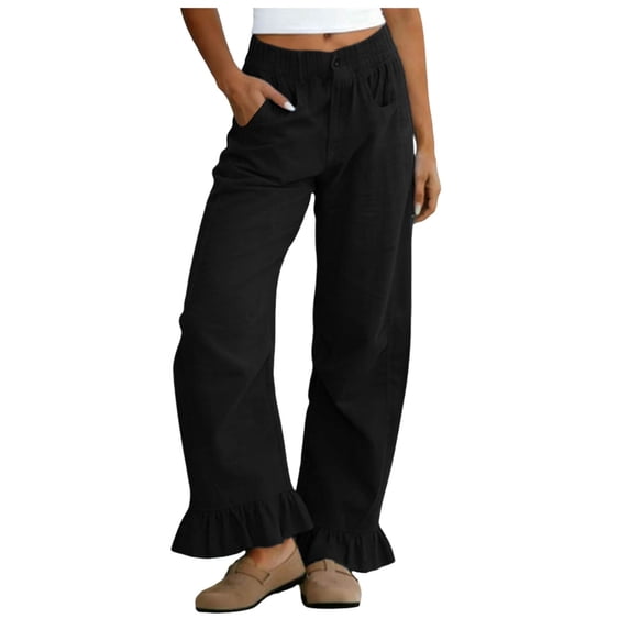 RFQWOVSR Women's Elastic Waist Wide Leg Linen Pants with Ruffle Hem Pockets Loose Fit Casual Summer Trousers XXL