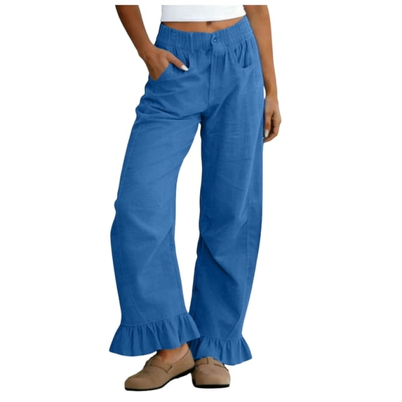 RFQWOVSR Women's Elastic Waist Wide Leg Linen Pants with Ruffle Hem Pockets Loose Fit Casual Summer Trousers XXXL