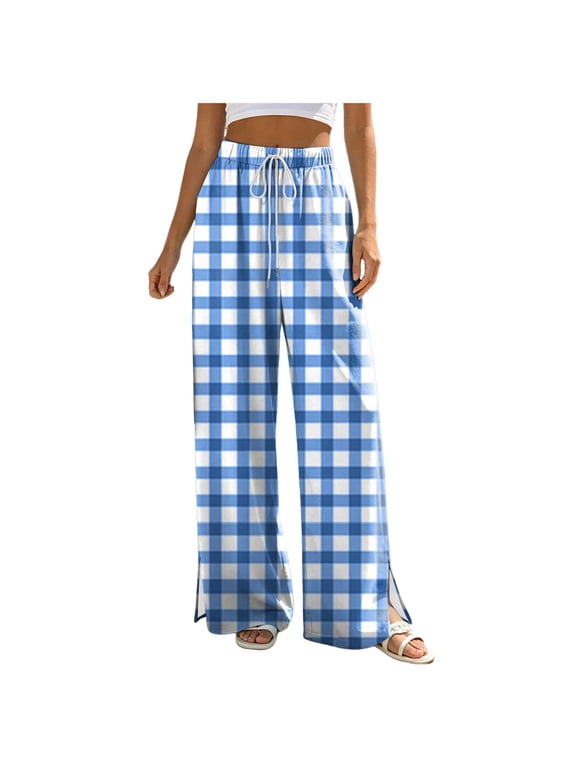 Women's Floral Print Wide Leg Linen Pants with Side Split Loose Fit Casual Summer Trousers XL