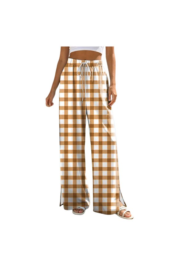 Women's Floral Print Wide Leg Linen Pants with Side Split Loose Fit Casual Summer Trousers XXL
