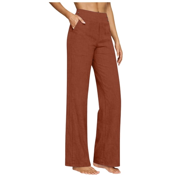 RFQWOVSR Women's High Waist Button Front Wide Leg Linen Pants with Pockets Loose Fit Casual Summer Trousers L